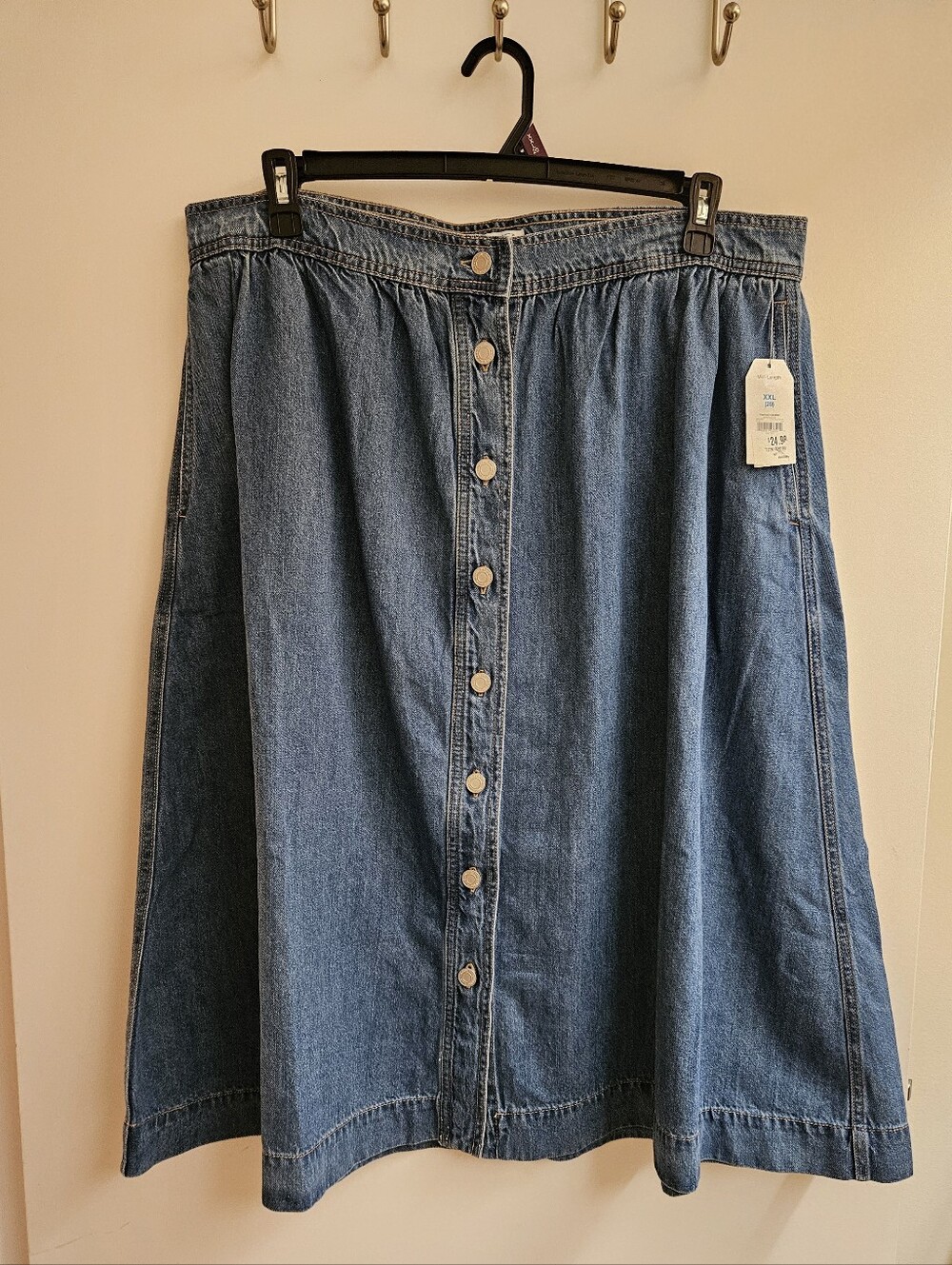 NWT Time and Tru Denim Midi Skirt Button Front Medium Wash XXL 20 Cotton Lyocell
